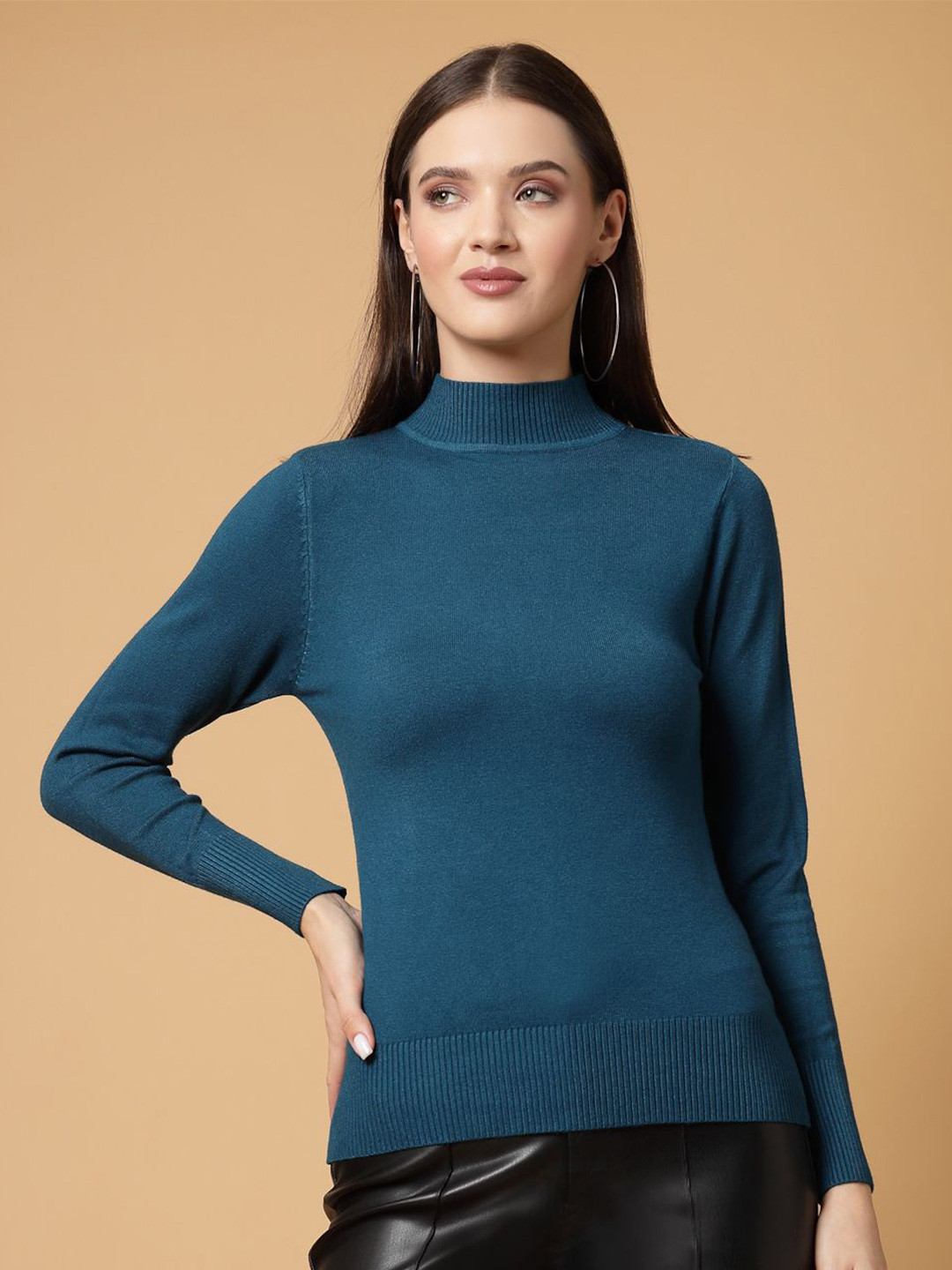 Mafadeny Women Solid Turtle Neck Knit Top