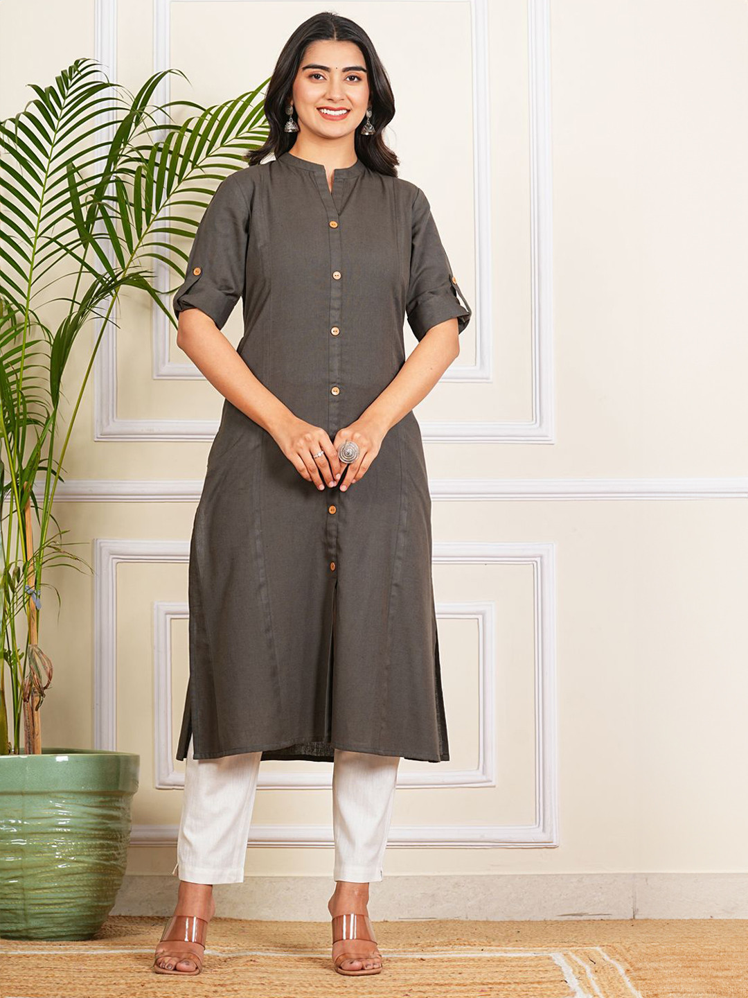 Krati Creations Women Mandarin Collar Roll-Up Sleeves Pure Cotton Straight Kurta
