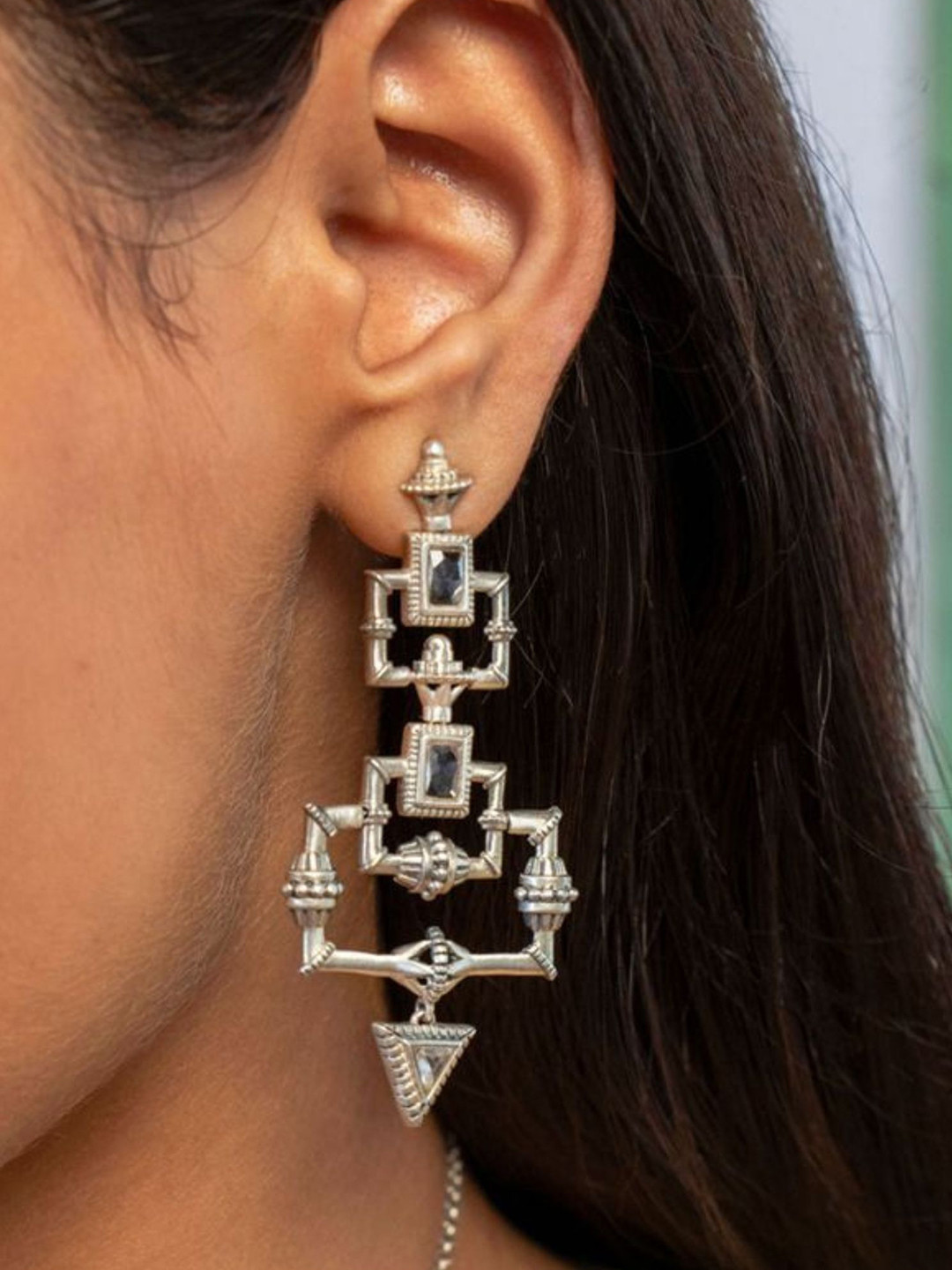 Dulcett Silver-Plated Artificial Stone Studded Square Shaped Drop Earrings