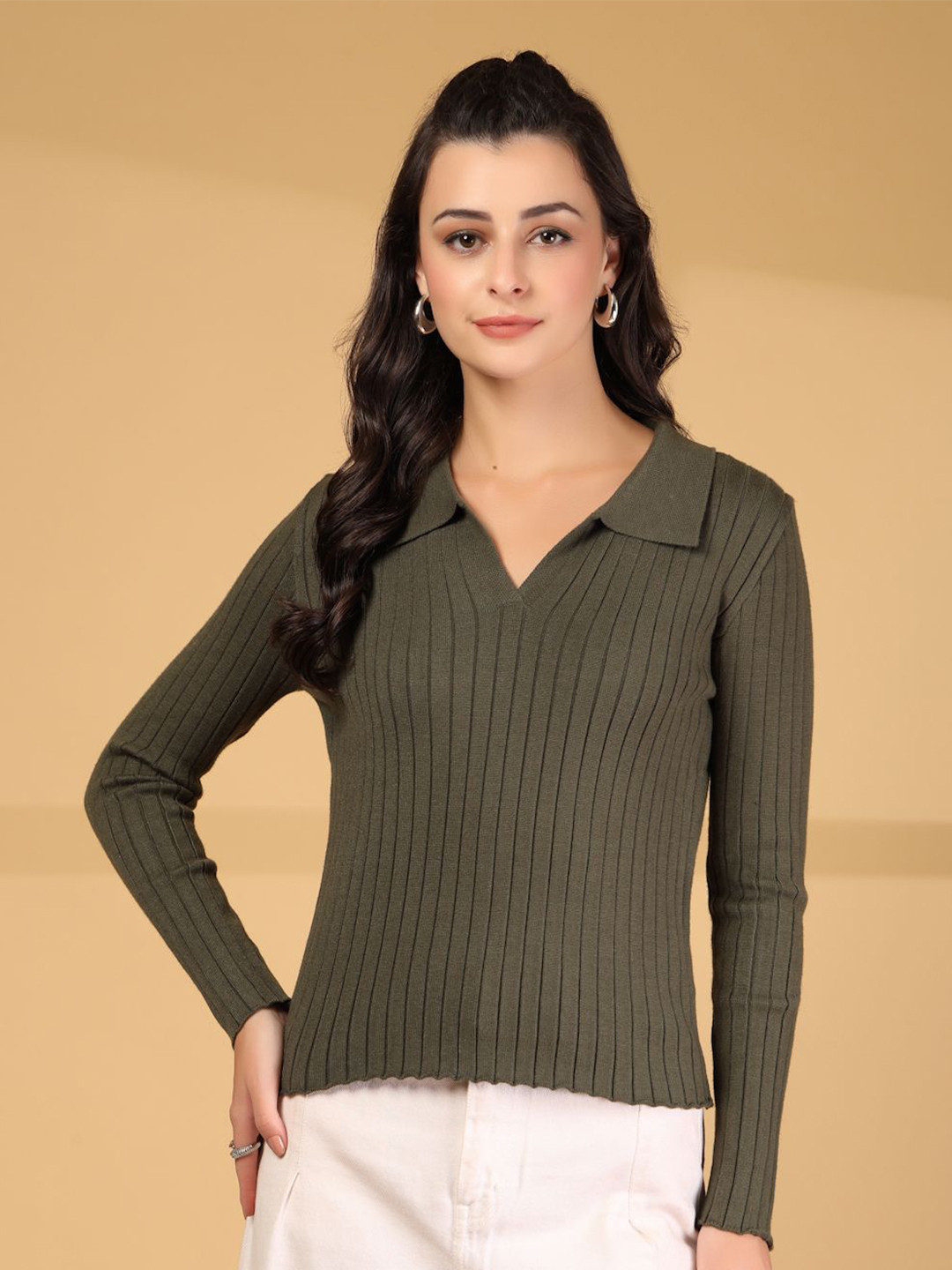Mafadeny Women Ribbed V-Neck Collared Sweater