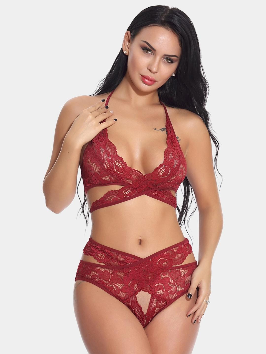 Ribald The Neech Women Maroon Floral Lace Cross-Strap Bralette & Panty Set