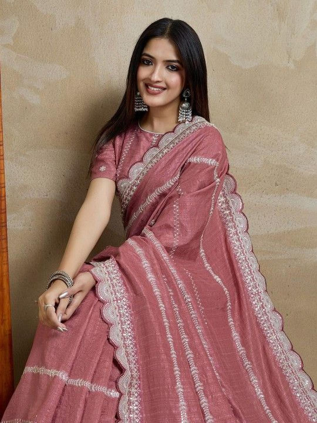 KARAGIRI Pink Silk Blend Sequins Embellished Saree With Threadwork Scalloping