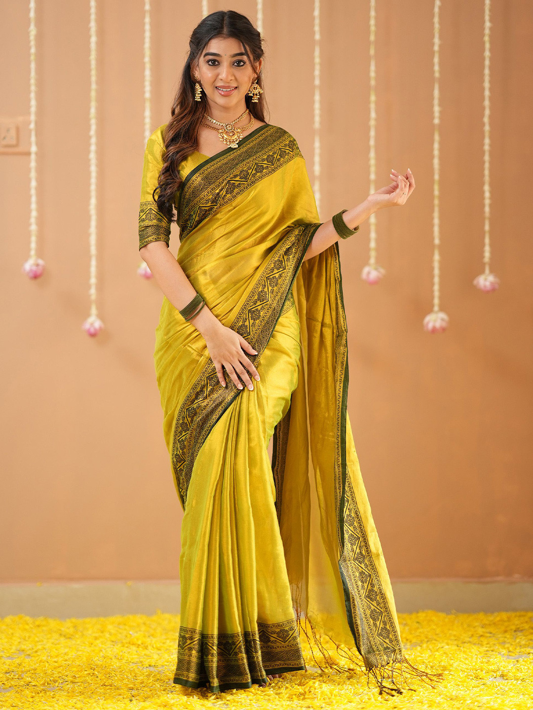 RAAG VARNAM Yellow Tissue Saree With Designer Blouse