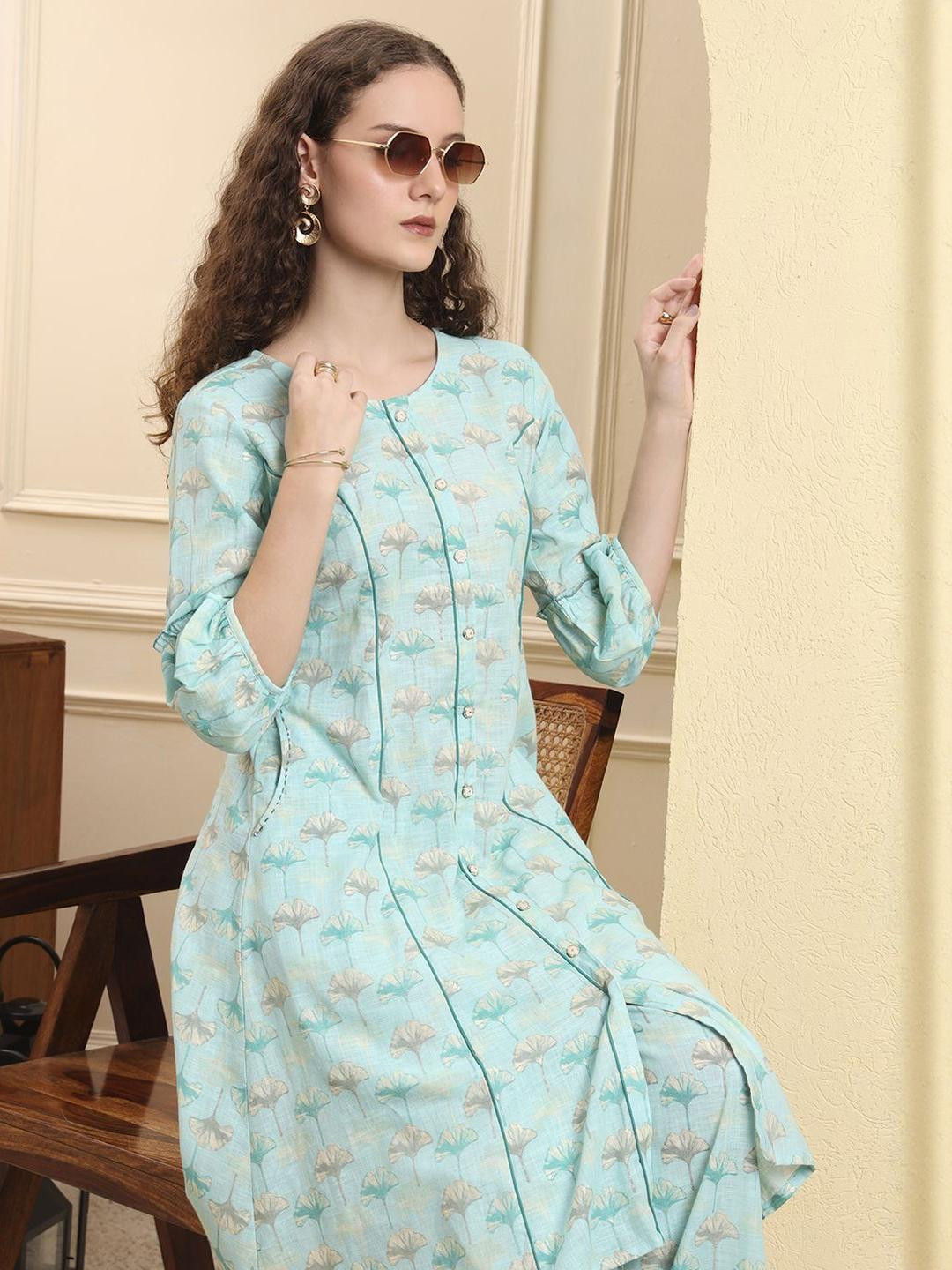 Yufta Women Floral Printed Puffed Sleeves Linen Kurta with Palazzos