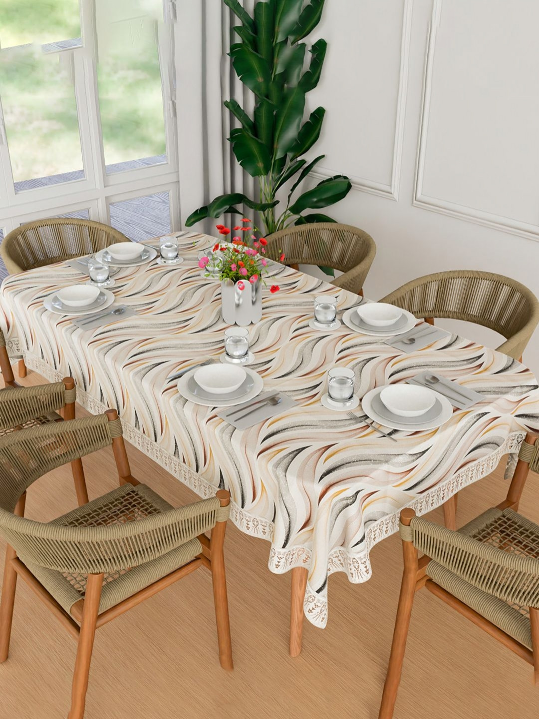 RUBOXA Cream Anti-Skid Wave Abstract Printed Rectangle 6-Seater Table Cover