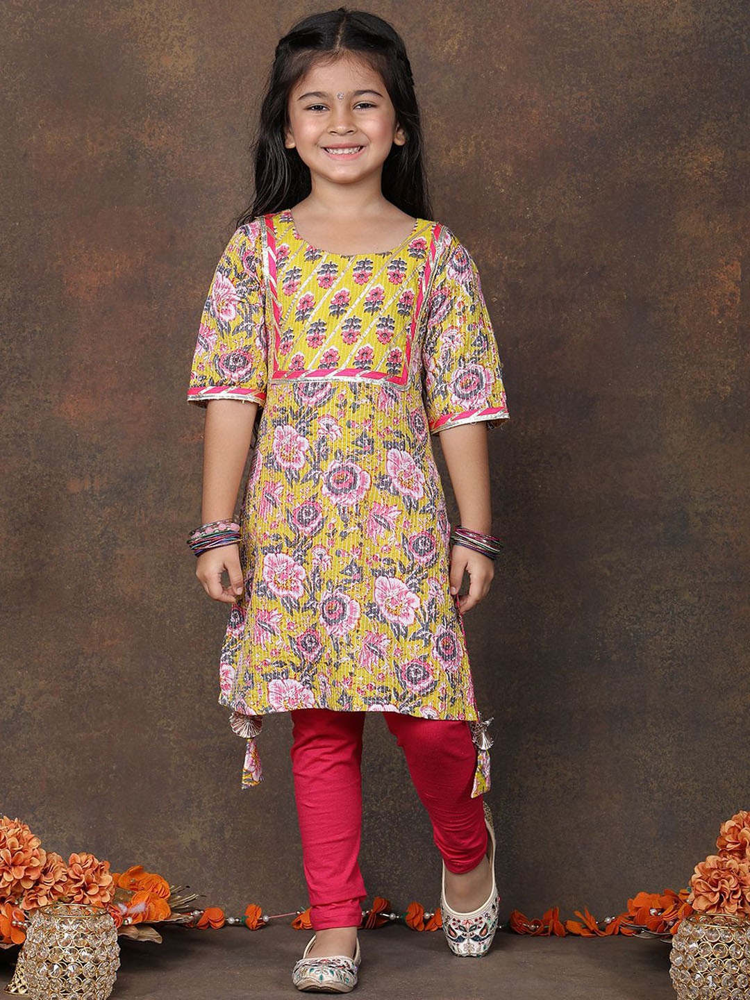 Here&Now X Kinder Kids Girls Floral Printed Cotton Kurta with Legging