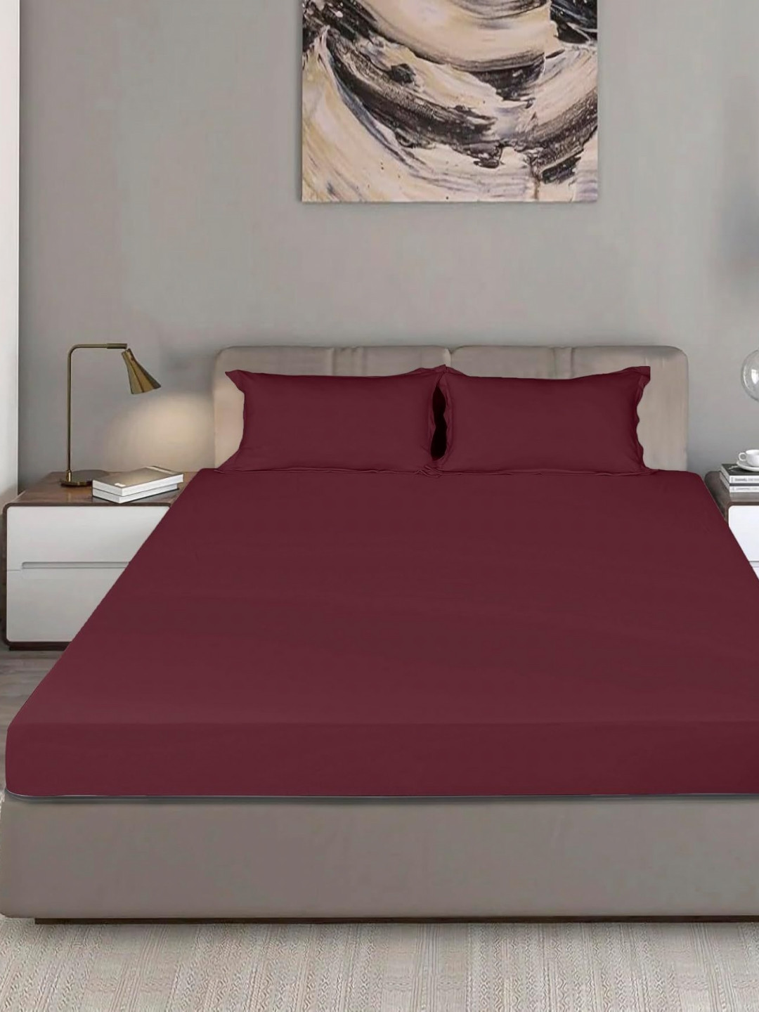 Bodycomfy Maroon King Fitted Cotton 400 TC King Bedsheet Set 1.98 m x 1.82 m