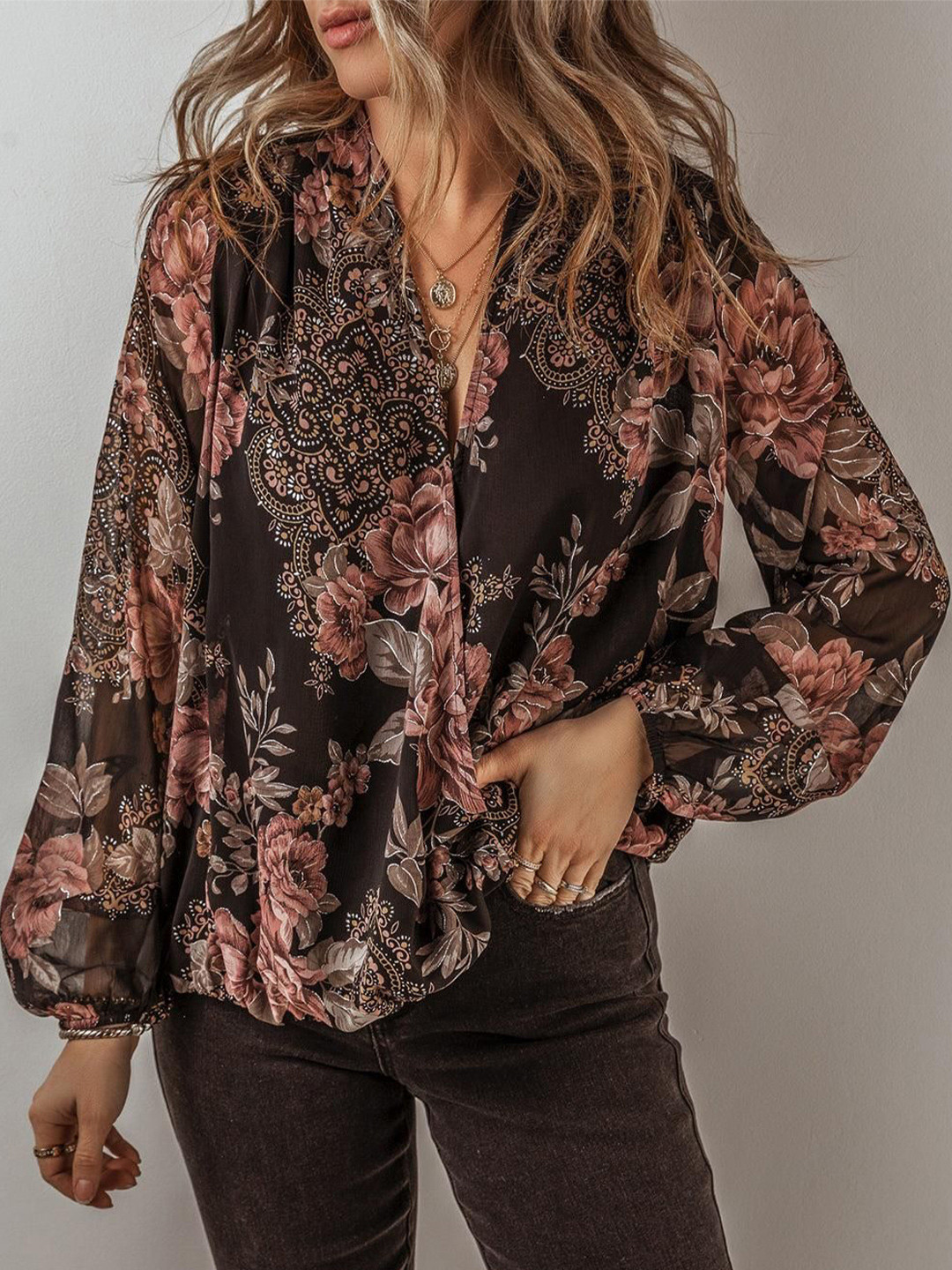 Errabelly Women Floral Print Criss Cross V Neck Balloon Sleeve Wrap Top