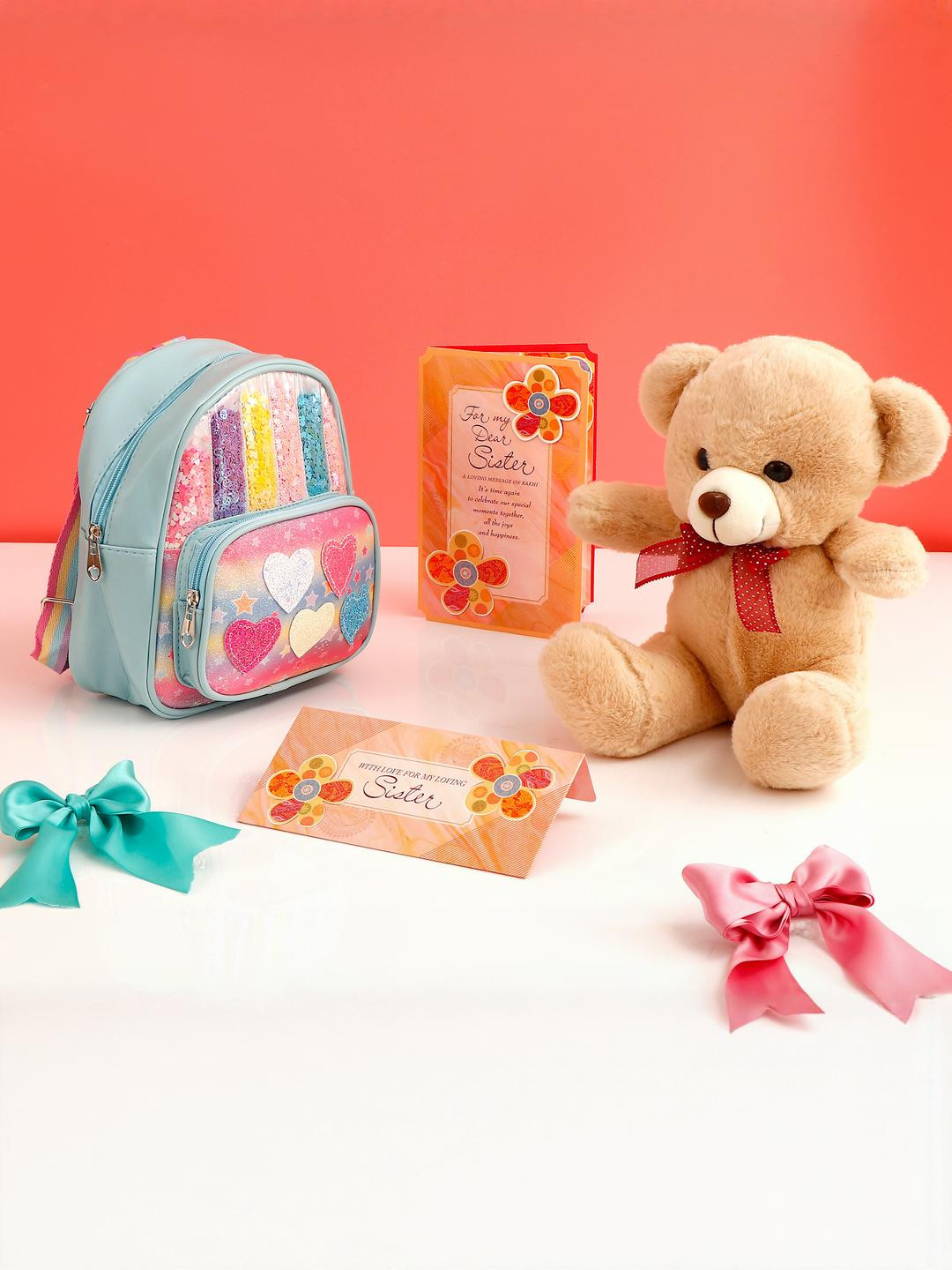 Archies Set of 4 Colourpop Sequins Bag with Brown Teddy and Greeting Card