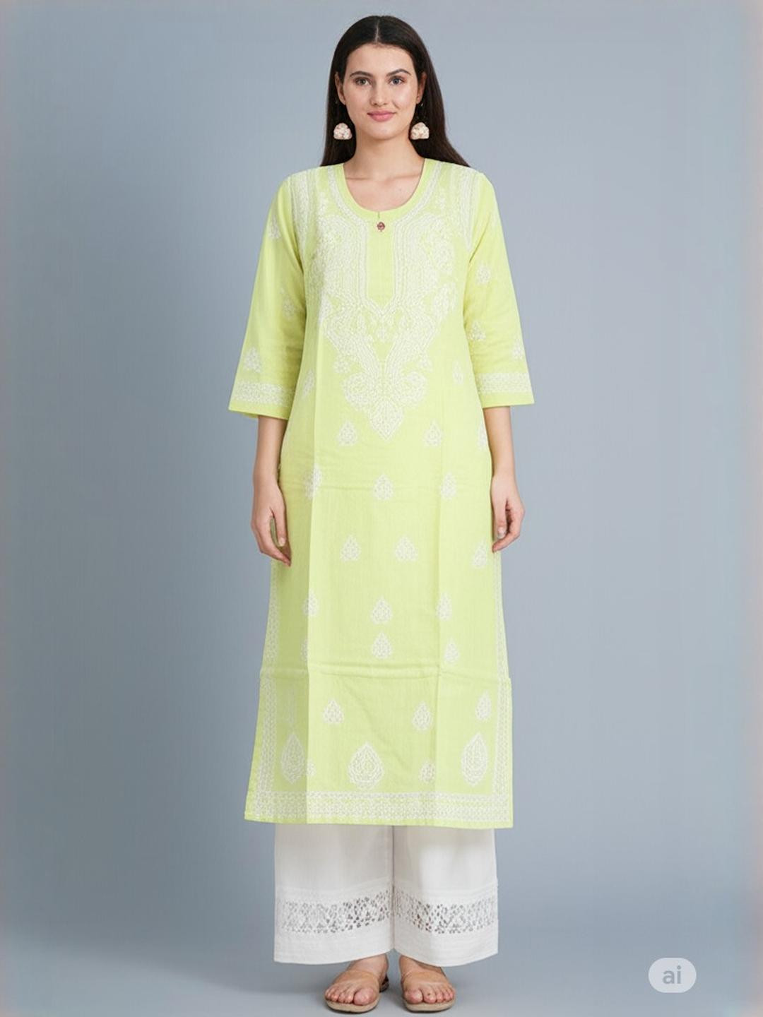 MRS RIGHT Women Yellow & White Floral Printed Straight Three-Quarter Sleeves Cotton Kurta