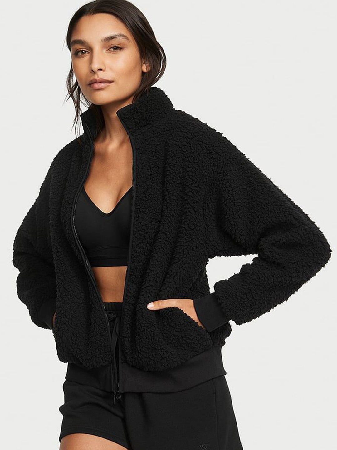 Victoria's Secret Women Stand Collar Solid Sherpa Jacket