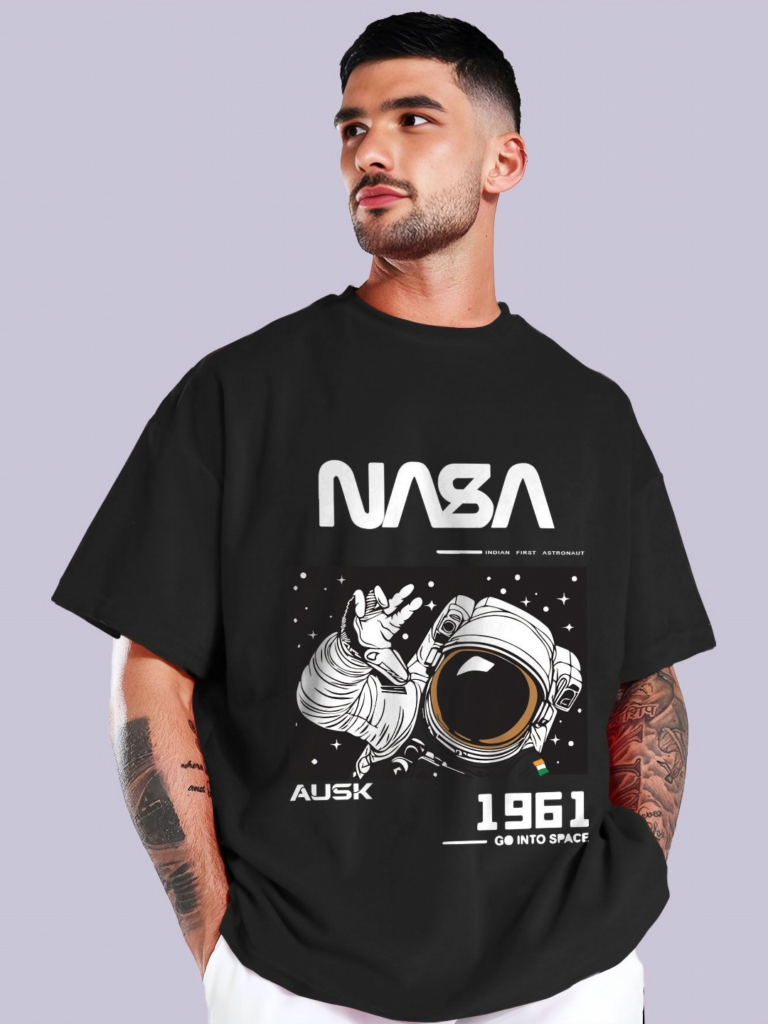 THE BEETEL HOUSE Men NASA Typography Printed Round Neck Cotton Oversized T-shirt