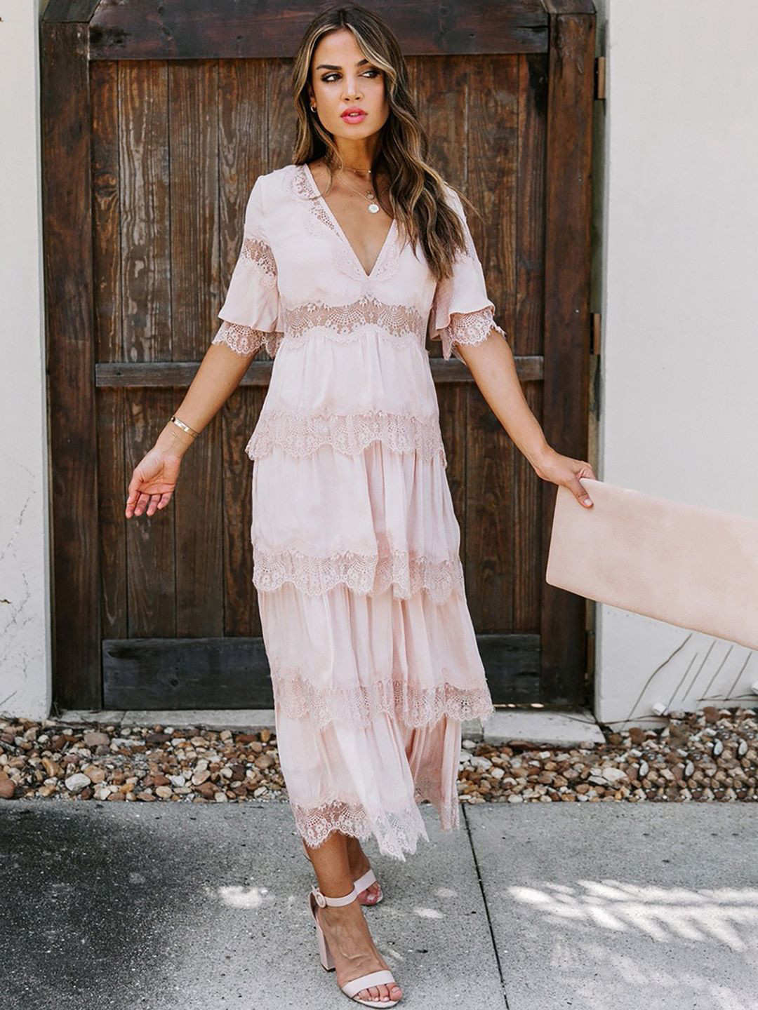 JC Mode Women Lace Inserts V-Neck Fit and Flare Dress