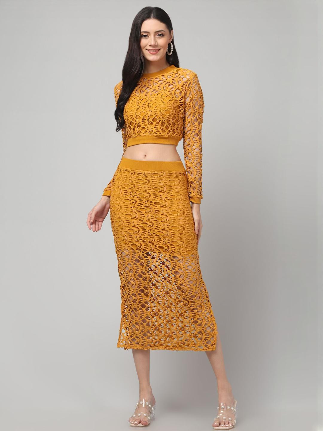 Clobug Embellished Round Neck Long Sleeve Top With Skirt Co-Ords