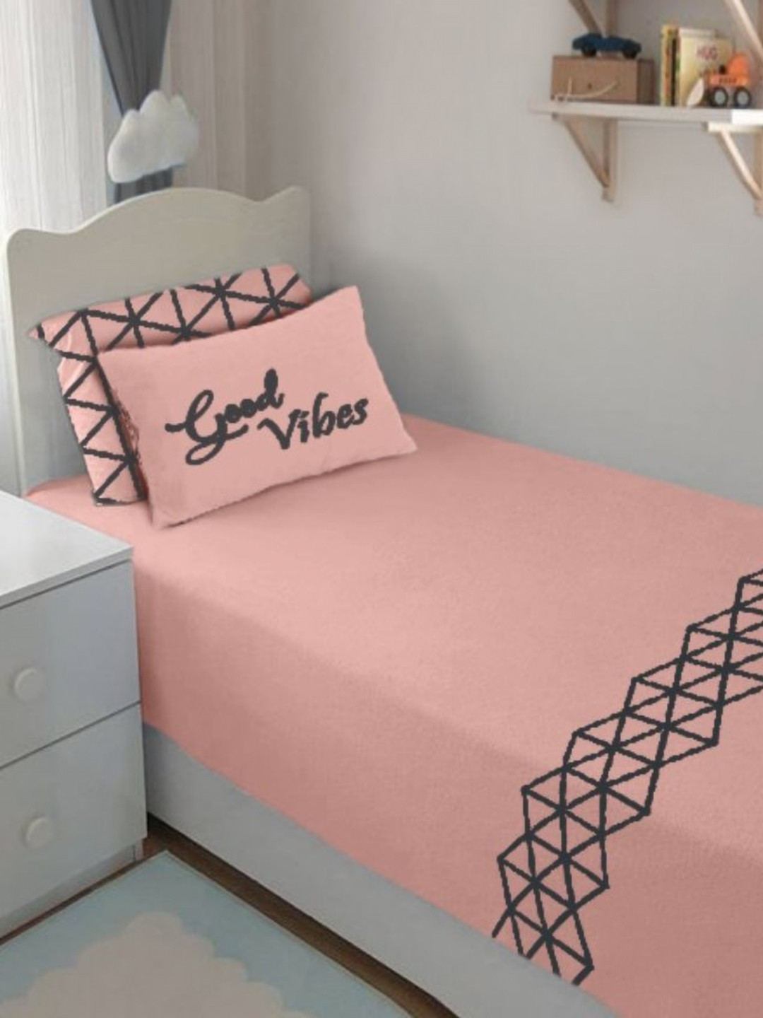 Bodycomfy Pink Printed Pure Cotton Jersey Fitted 400 TC Single Bedsheet Set 0.9m x 1m