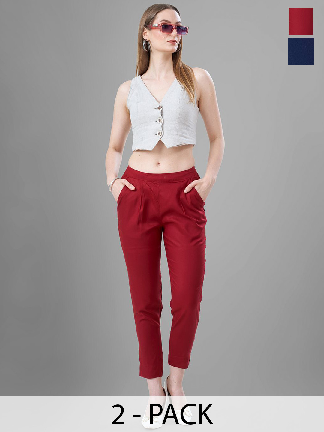 T19 Women Pack of 2 Relaxed Mid-Rise Slim Fit Trousers