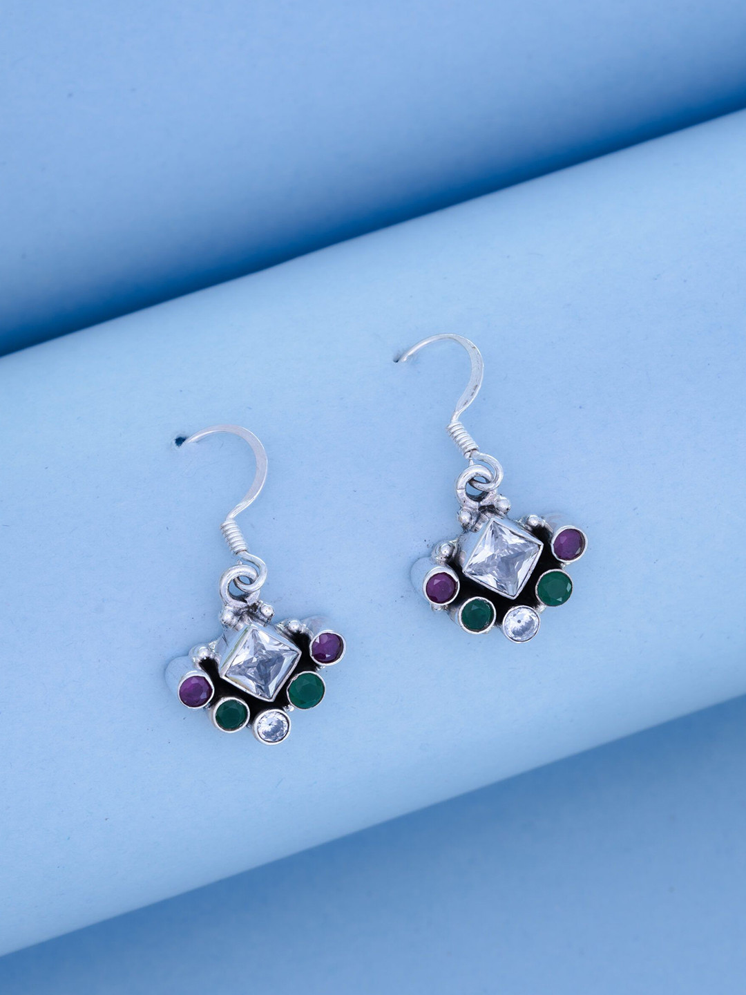 Dab 938 Sterling Silver Artificial Stones Studded Diamond Shaped Drop Earrings