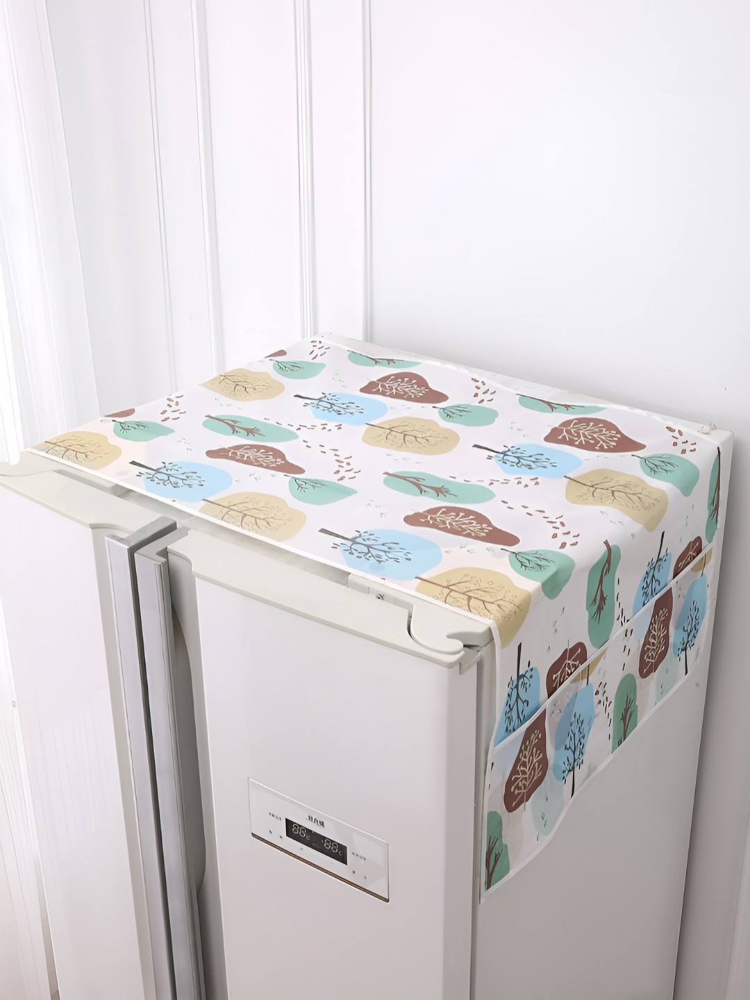 HOKIPO White & Blue Nature Trees Waterproof Small Fridge Cover With 6 Side Pockets