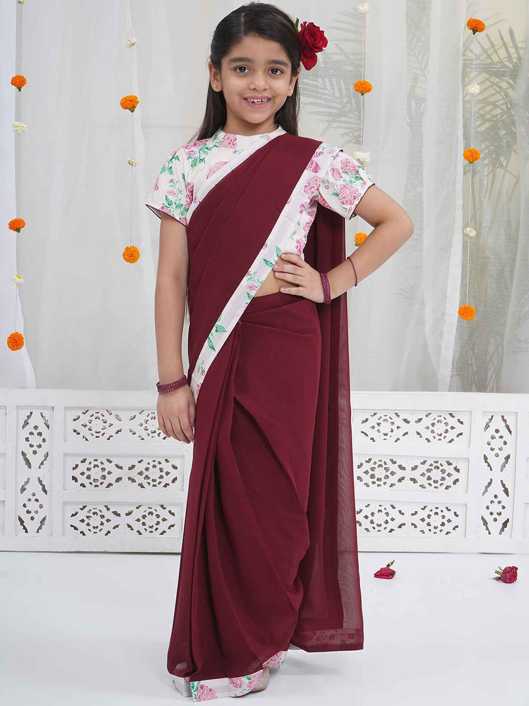 Little Bansi Printed Border Pure Cotton Saree With Floral Butterfly Blouse