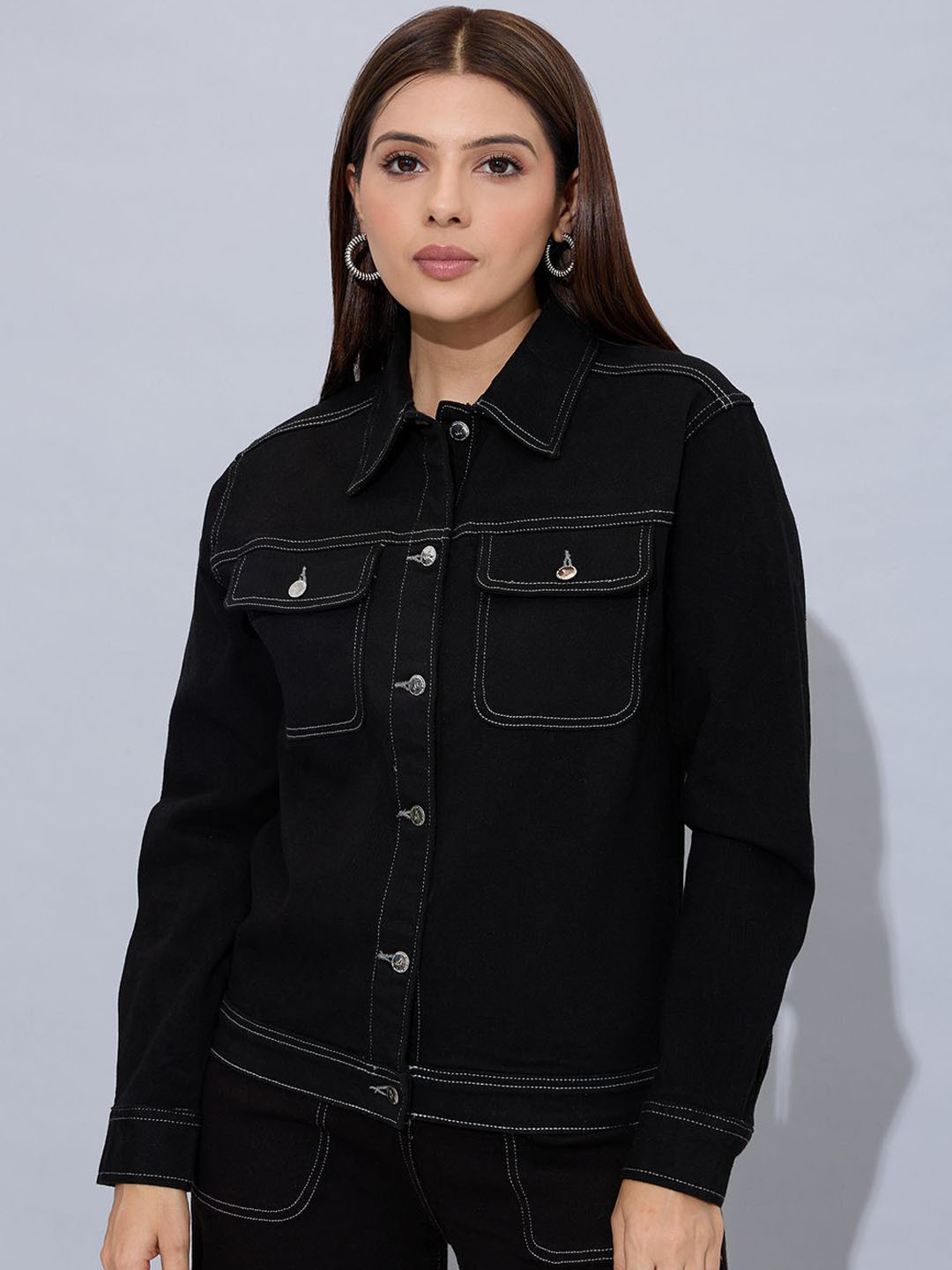 STORMY JEANS Women Spread Collar Solid Lightweight Cotton Denim Jacket