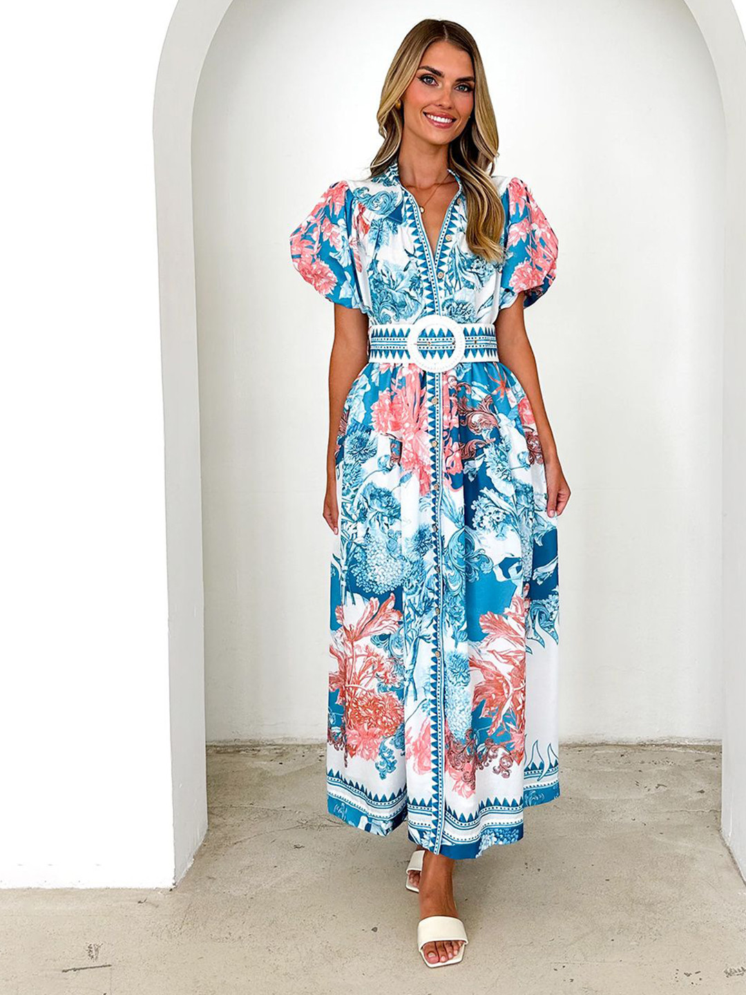 JC Mode Women Floral Printed Mandarin Collar Puff Sleeve Maxi Dress with Belt