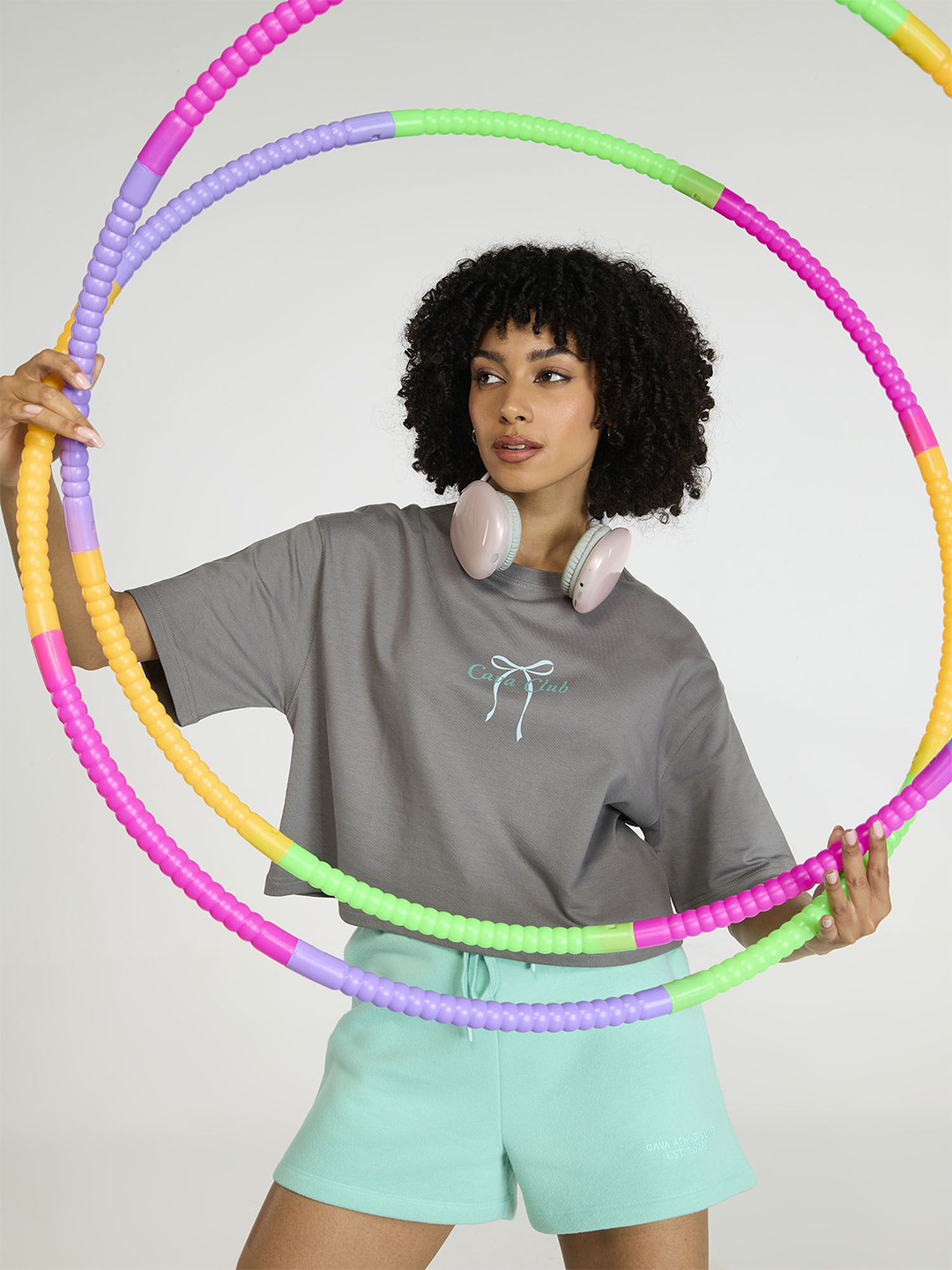 CAVA Women Grey-Blue Pilates Core Cropped Cotton Boxy Tee