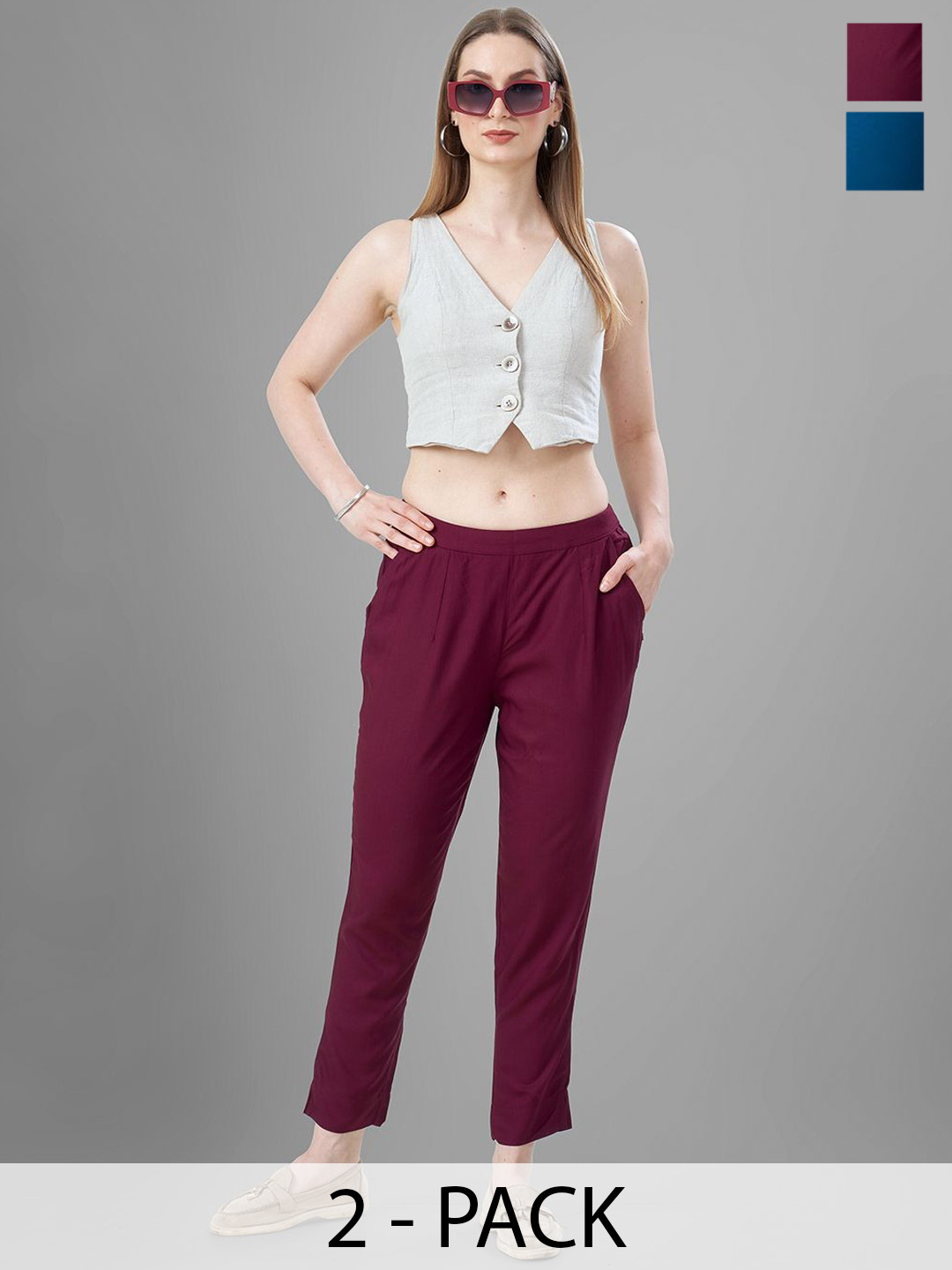 T19 Women Pack Of 2 Relaxed Slim Fit Mid-Rise Trousers