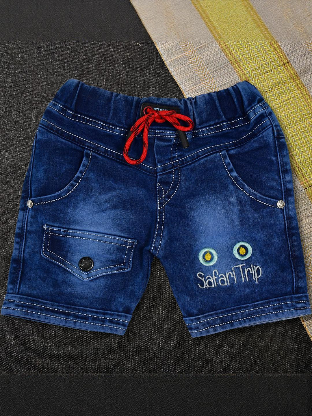 WORTON FASHION Boys Blue Casual Drawstring Embroidered Denim Shorts