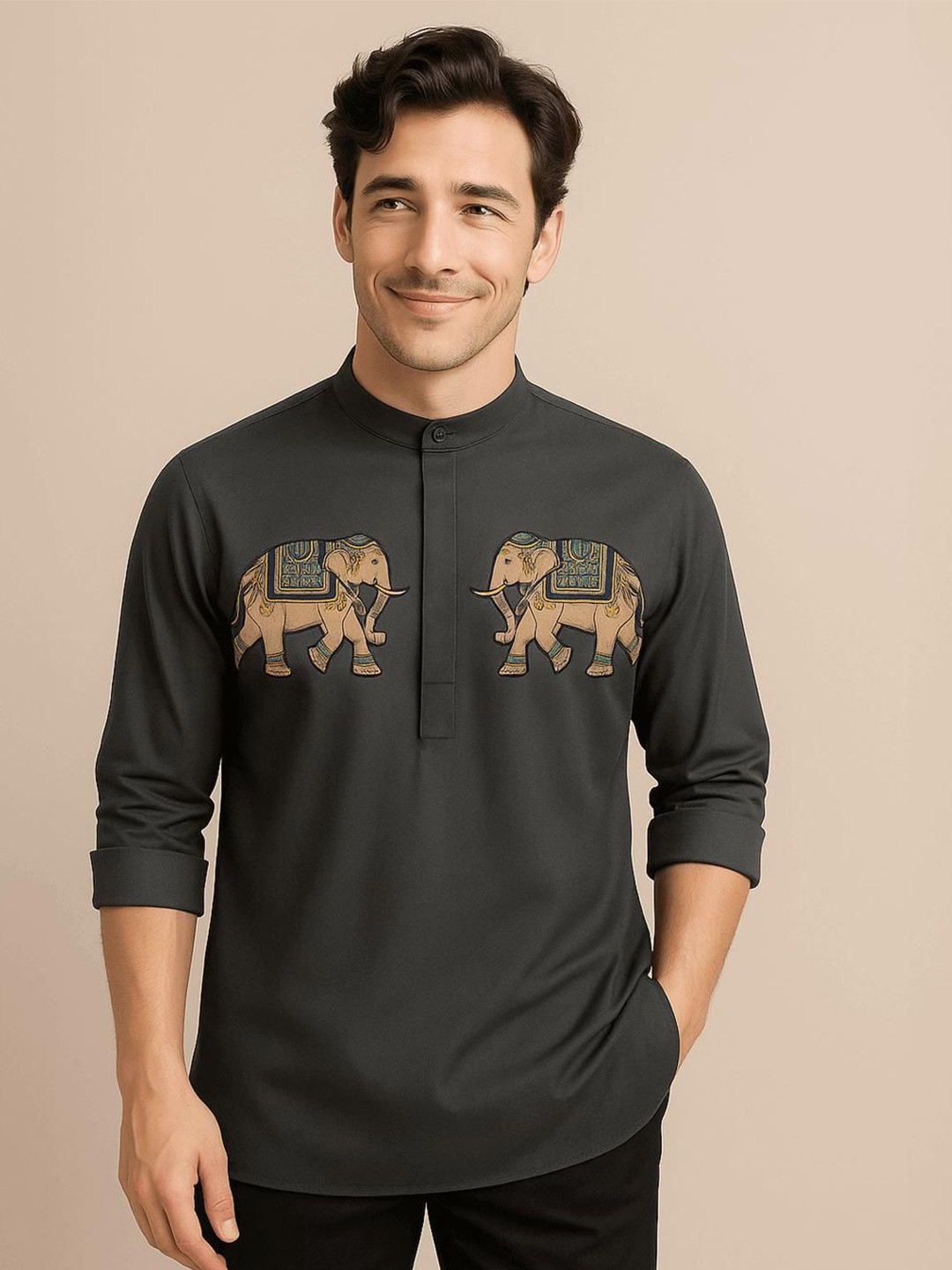 HE SPOKE Men Grey Animal Printed Sateen Stretch Festive Kurta