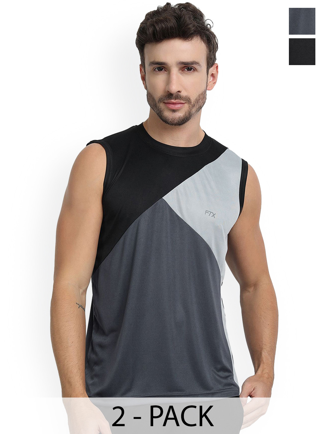 FTX Pack Of 2 Colourblocked Sleeveless Breathable Gym Vests 709-4_709-11-S