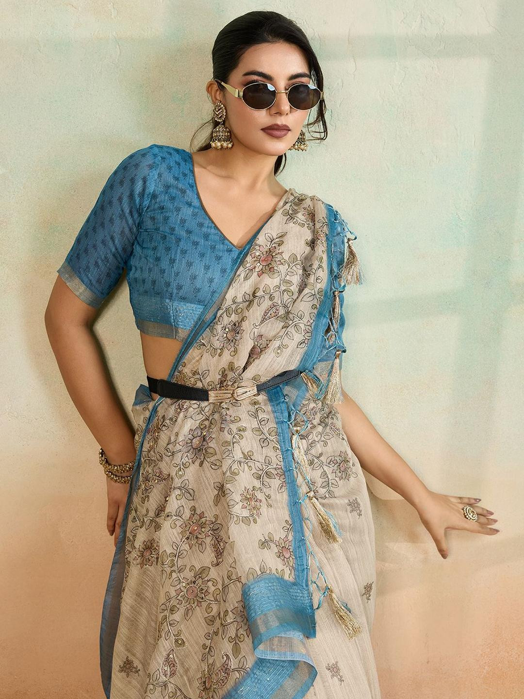 100 Dreams Floral Block Printed Sequinned Saree