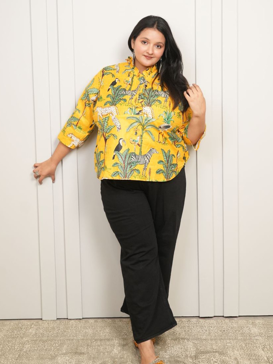 Swadeshi Shringaar Women Animal Jungle Printed Mandarin Collar Cotton Top