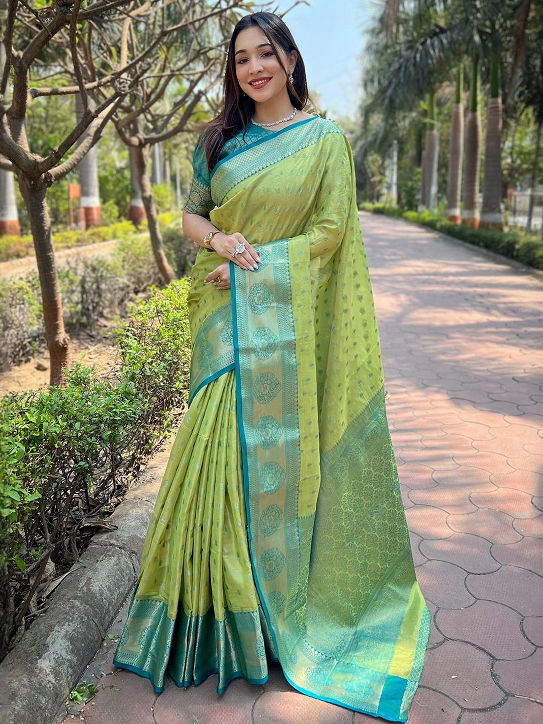 ELITE WEAVES Mexican Pista Woven Zari Kanjeevaram Tissue Saree