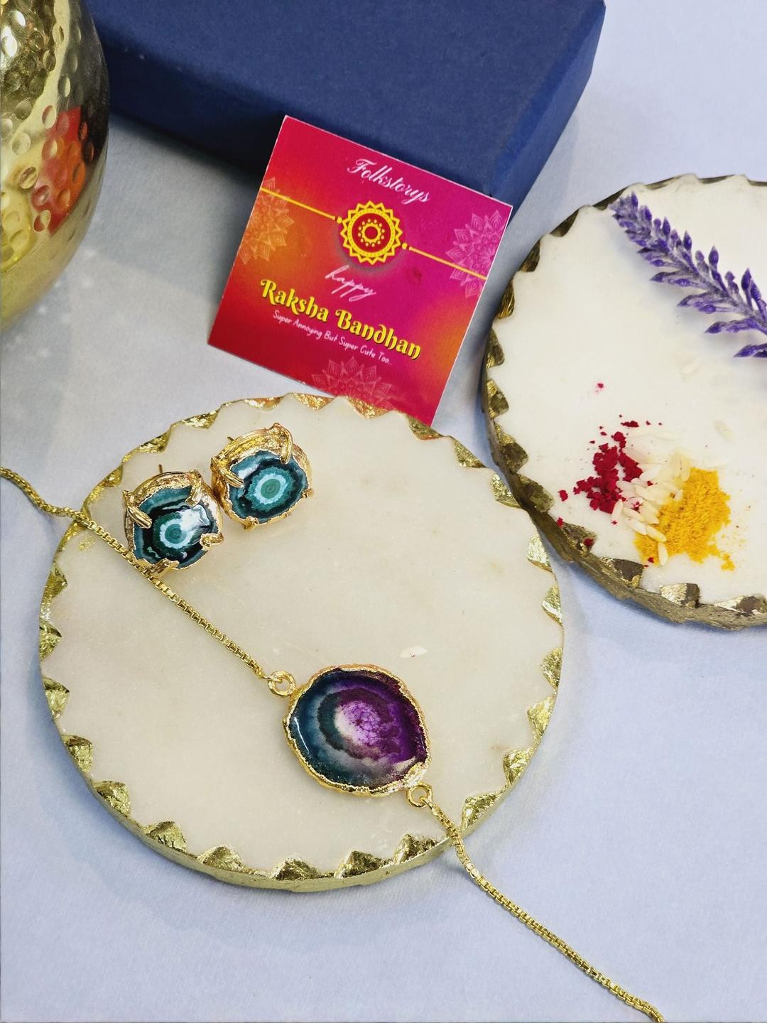 Folkstorys Chandini Gemstone Bracelet Rakhi With Studs & Roli Chawal