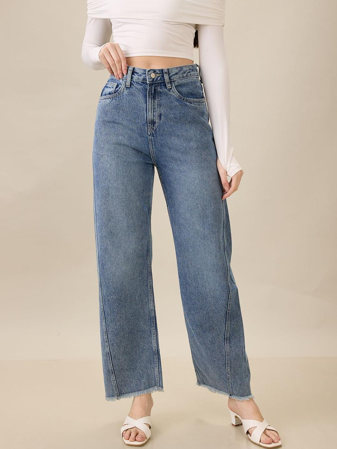 STORMY JEANS Women Wide Leg High-Rise Light Fade Frayed Pure Cotton Jeans
