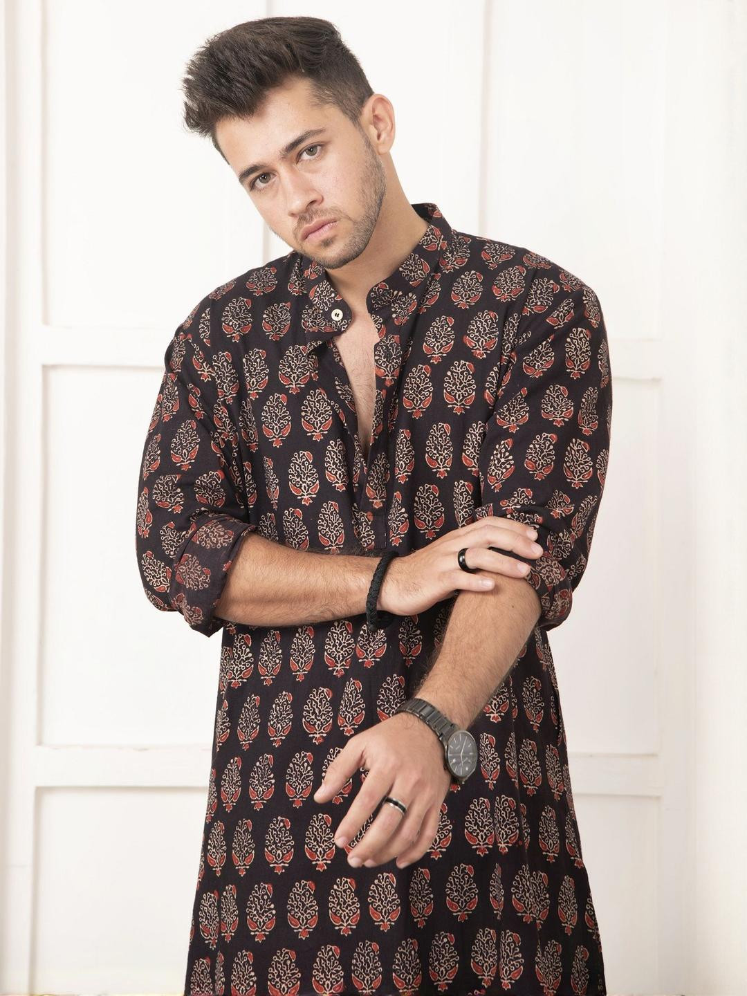 Tanoti Ethnic Motifs Printed Cotton Mandarin Collar Straight Kurta