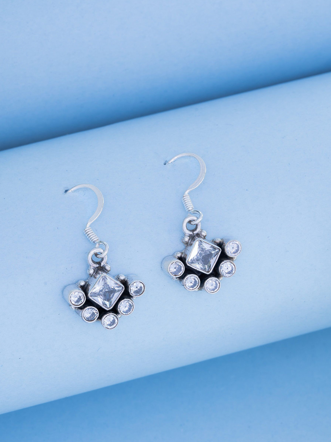 Dab 940 Sterling Silver Artificial Stones Studded Diamond Shaped Drop Earrings