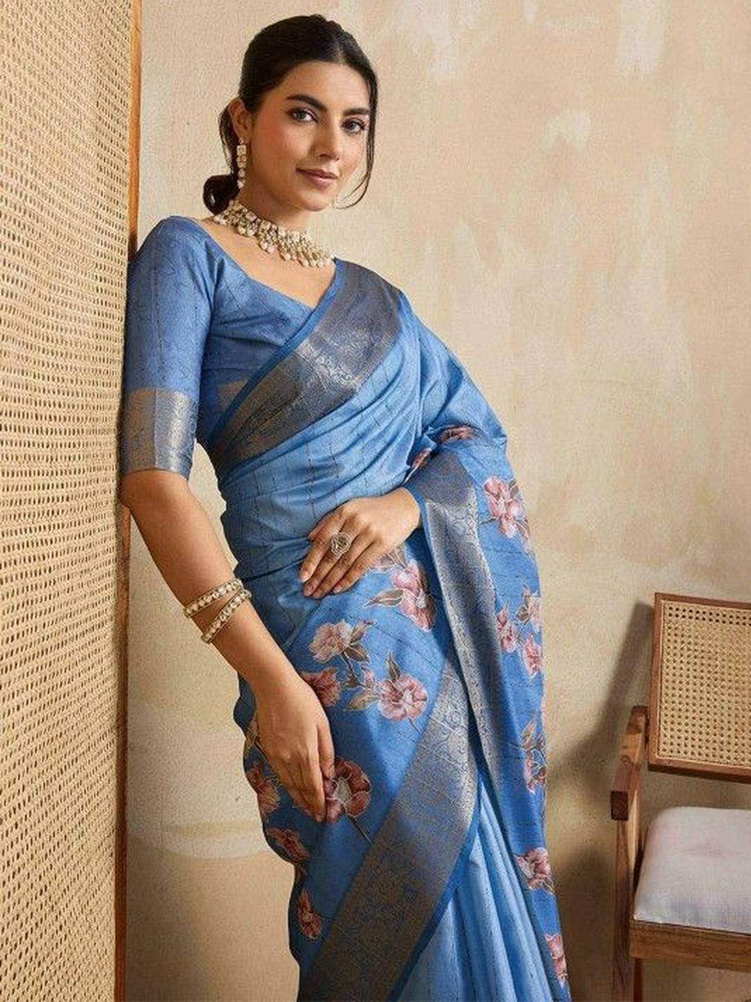 KARAGIRI Blue Silk Blend Woven Saree With Floral Digital Prints