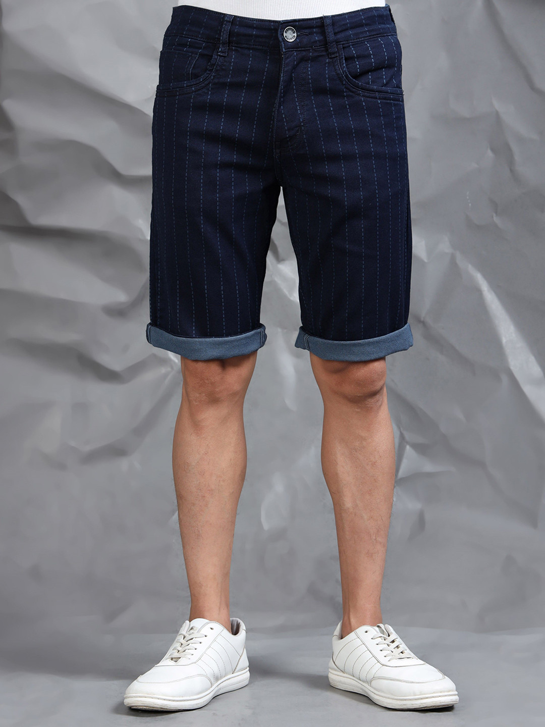 beevee Men Striped Mid-Rise Cotton Denim Shorts