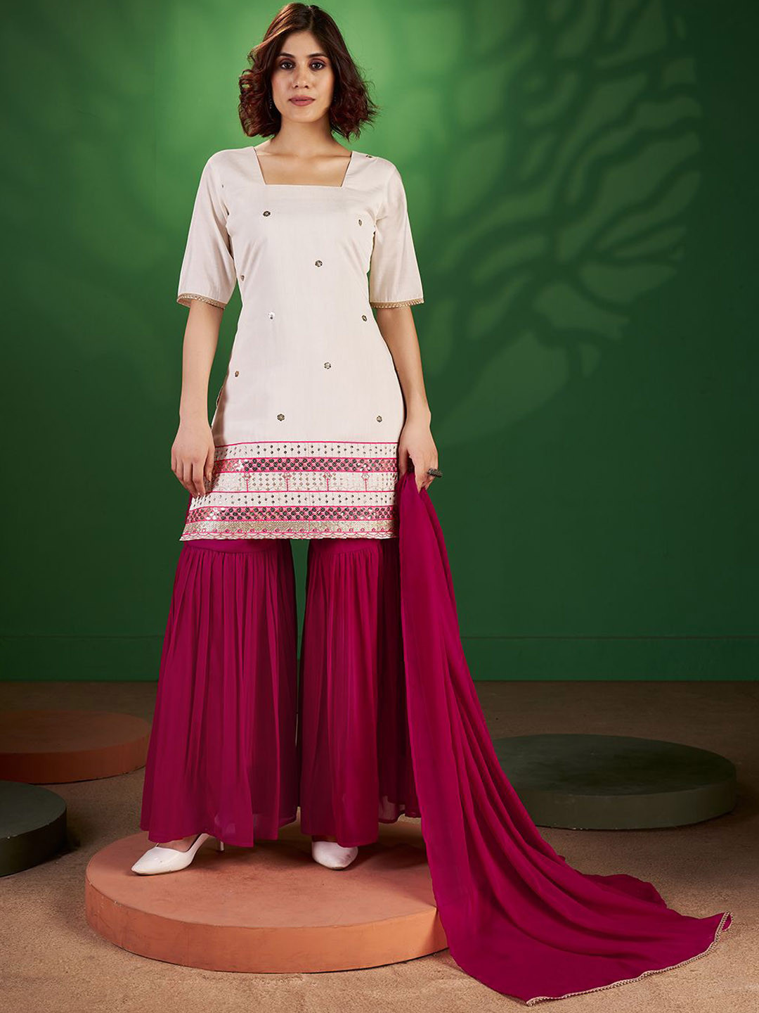 SHOPGARB Floral Embroidered Square Neck Sequinned Kurti With Sharara & Dupatta