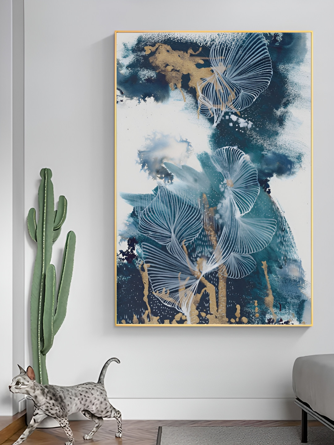 Myntra Elegant Homes White & Blue Petal Framed Canvas Wall Art