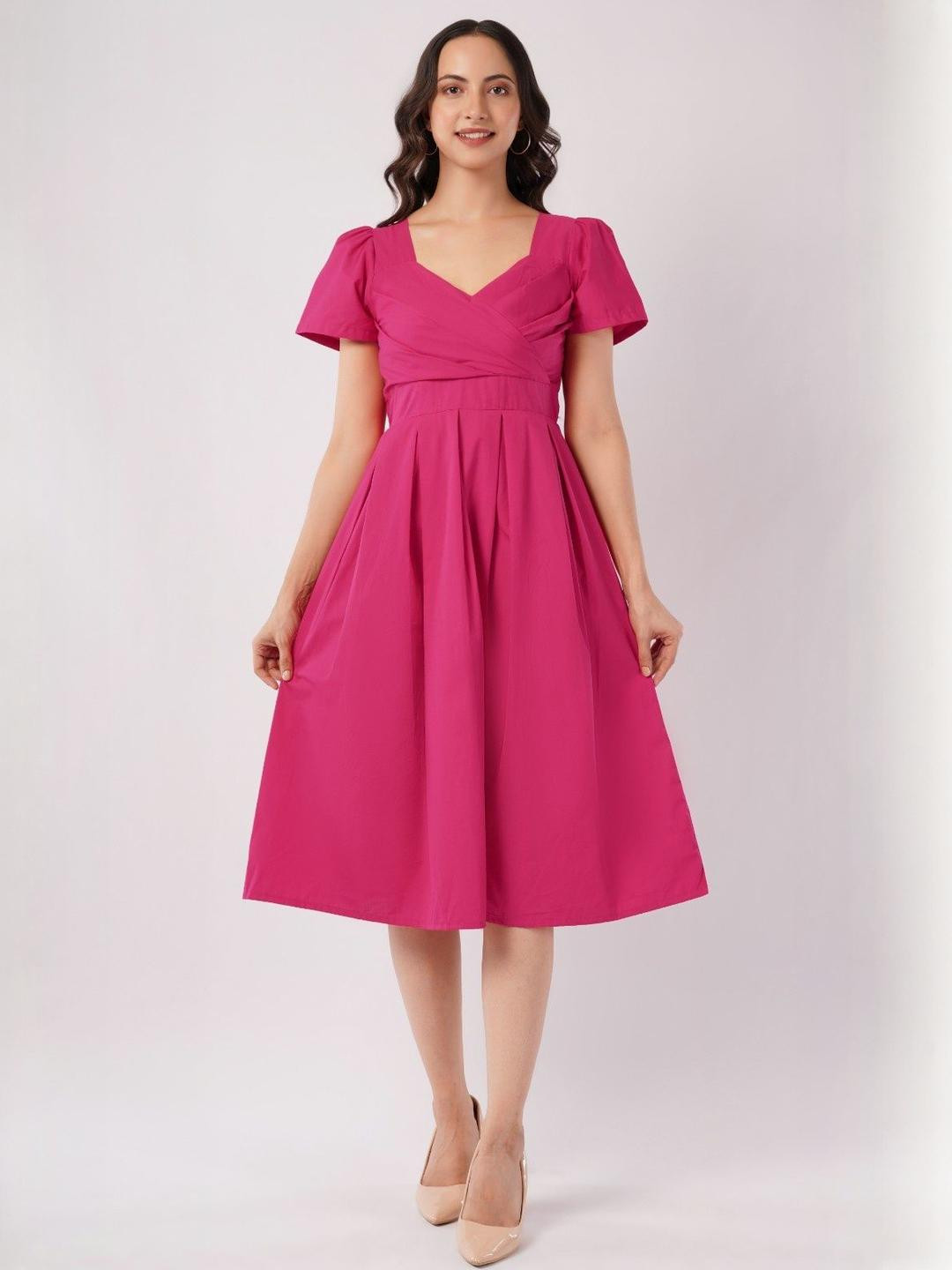 Deshi Girl Women Puff Sleeve Smocked Cotton Fit & Flare Midi Dress