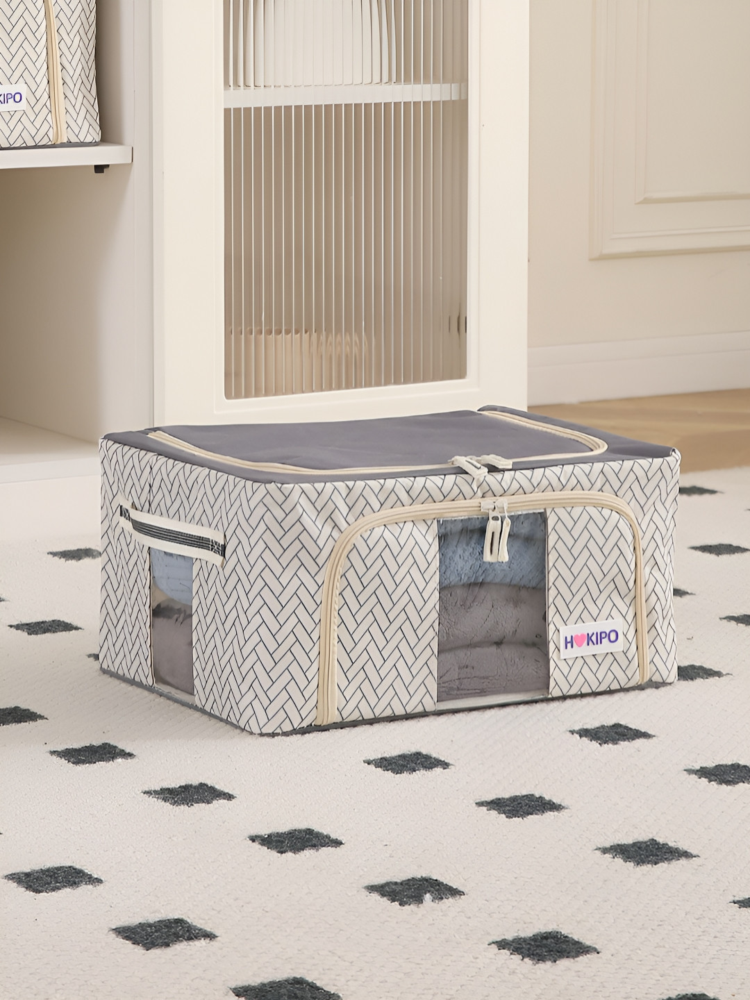 HOKIPO Cream-Coloured Set of 1 Cloth Storage Box Organisers for Wardrobe - 24L