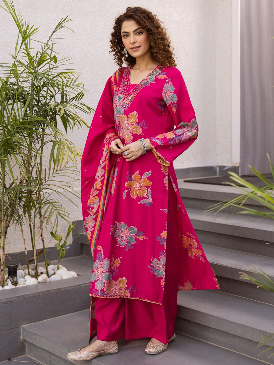 AUTUMN LANE Kabool Kobi Floral Printed Mirror Work Kurta With Palazzo & Dupatta