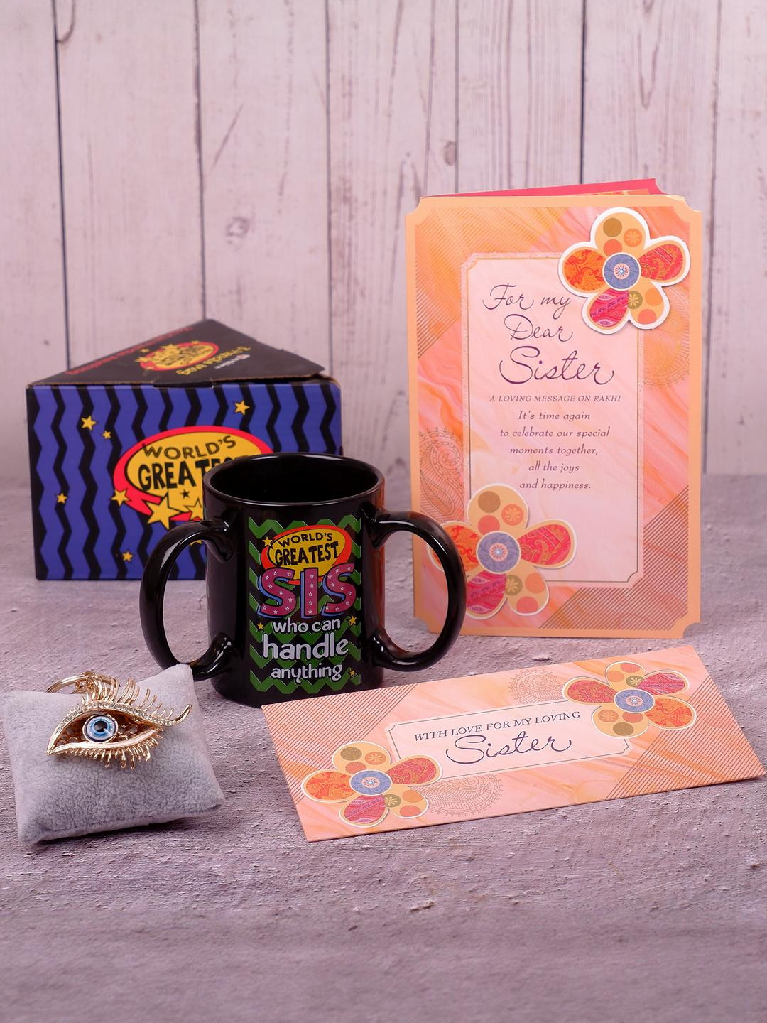 Archies Gold & Blue Evil Eye Keychain & Mug With Sister Greeting Card