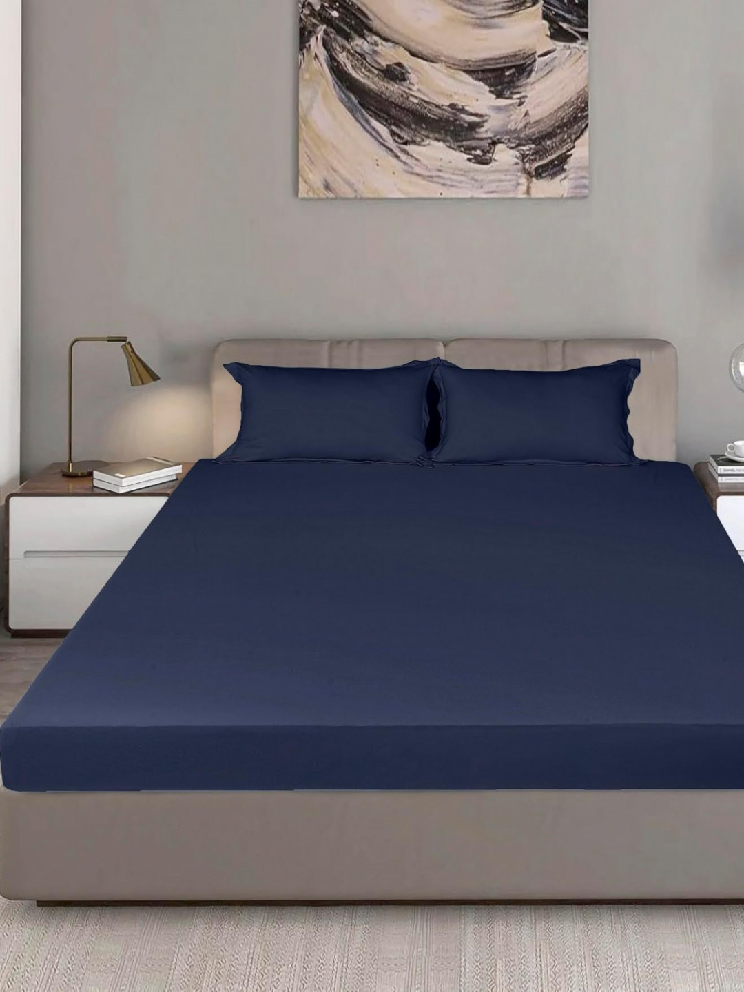 Bodycomfy Navy Blue Pure Cotton Jersey Fitted 400 TC King Bedsheet Set 1.9m x 1.8m
