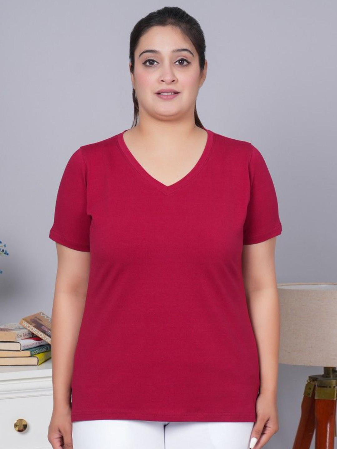 Mlada Women Causal Relaxed Fit V-Neck Half Sleeves Solid Cotton Tshirt