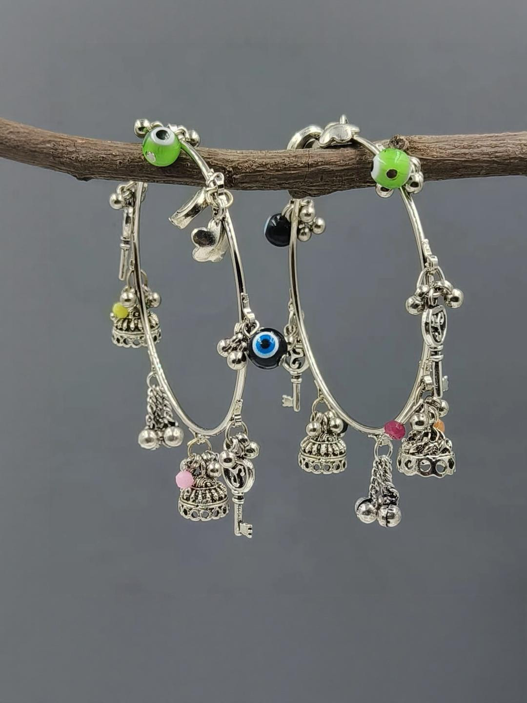 gurjari jewellers Women Silver with Gungru & Evil Eye Beads Charm Bangle Set