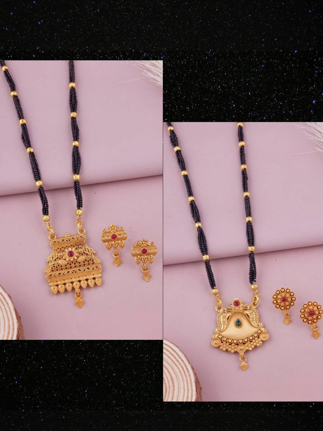 Bhanu diam Women Black Metal Pack Of 2 Gold-Plated Mangalsutra & Earrings Set