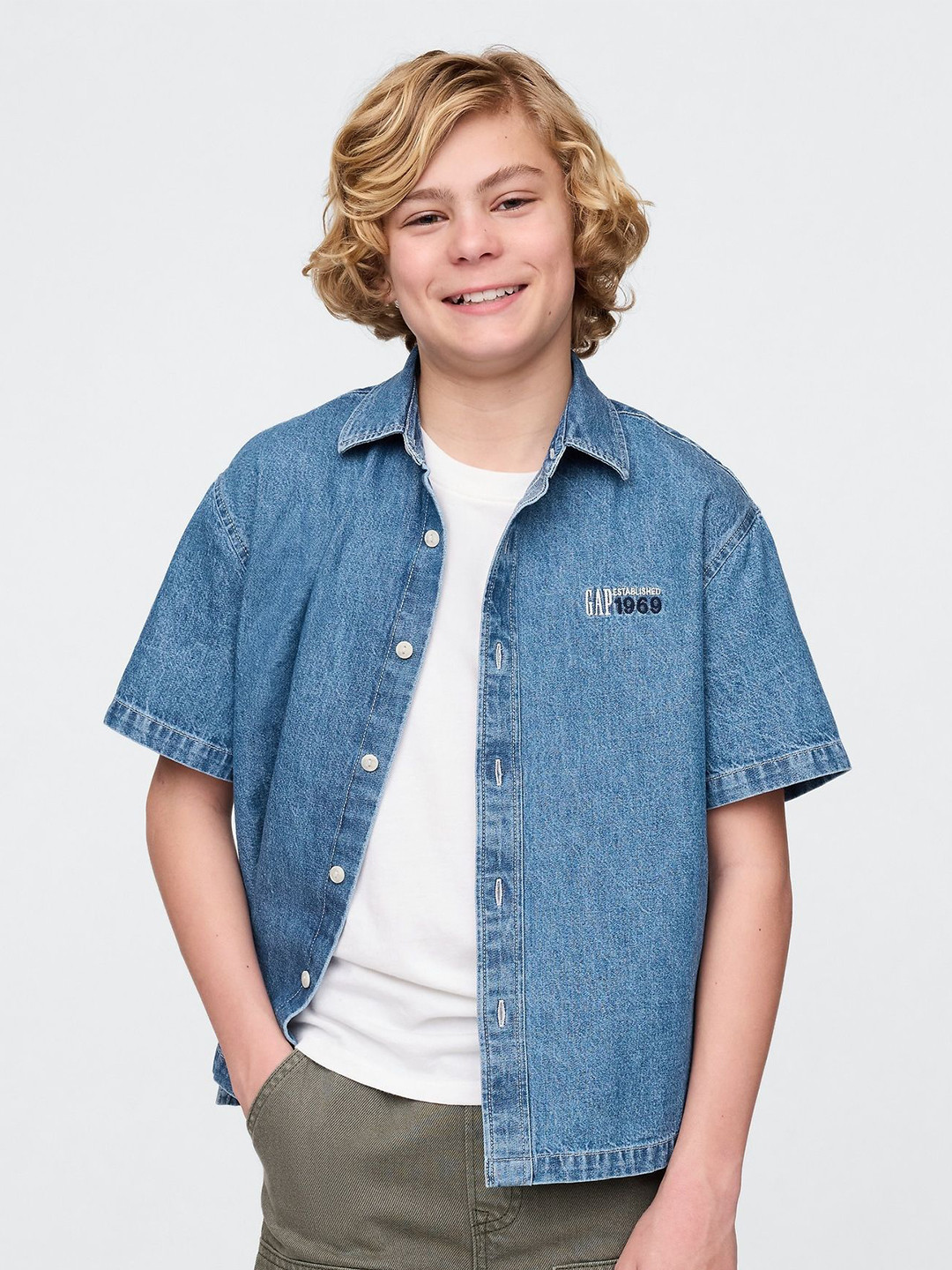 GAP Boys Denim Spread Collar Logo Shirt